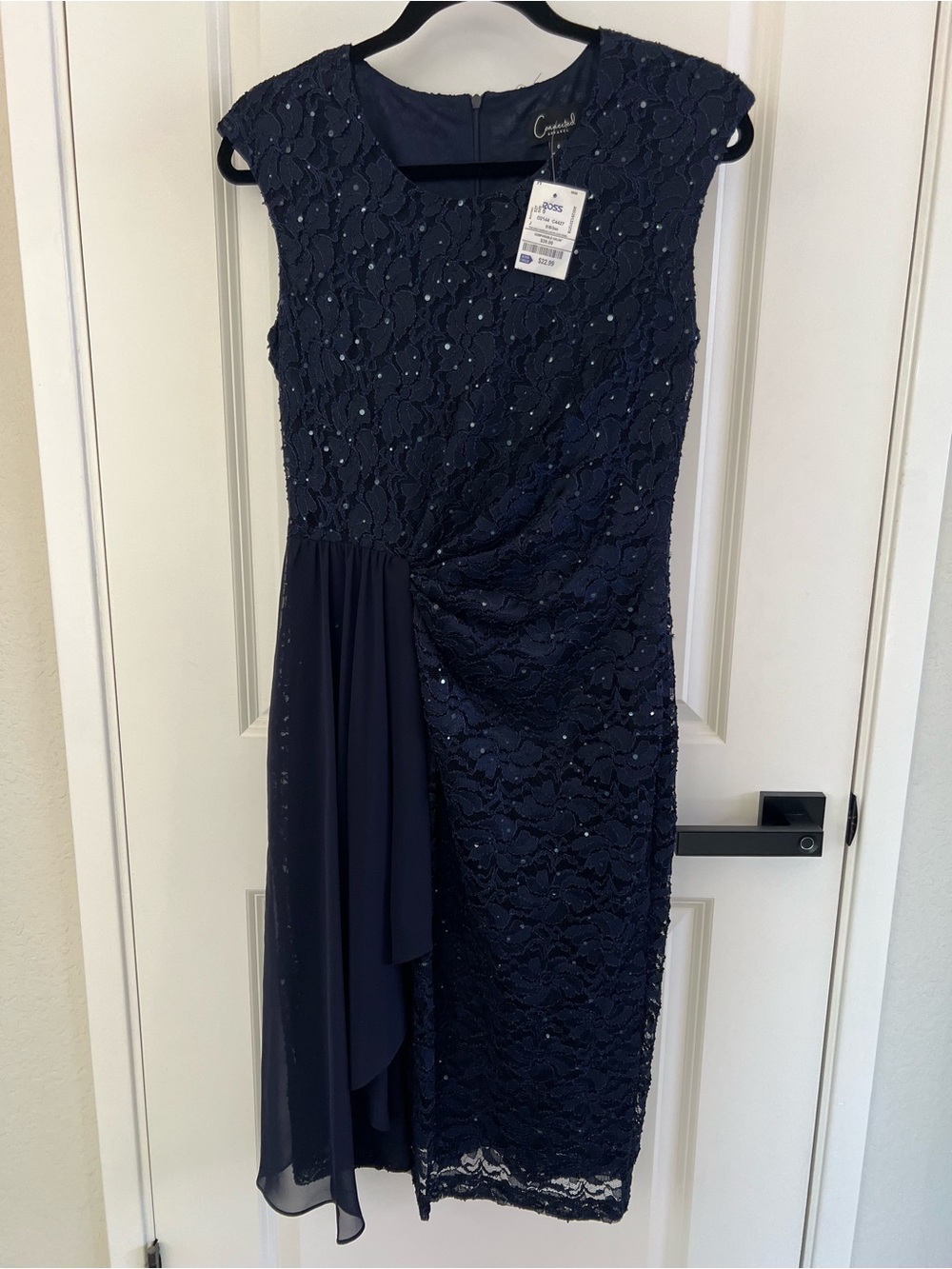 connected apparel Navy Lace Midi Dress with Chiffon Drape